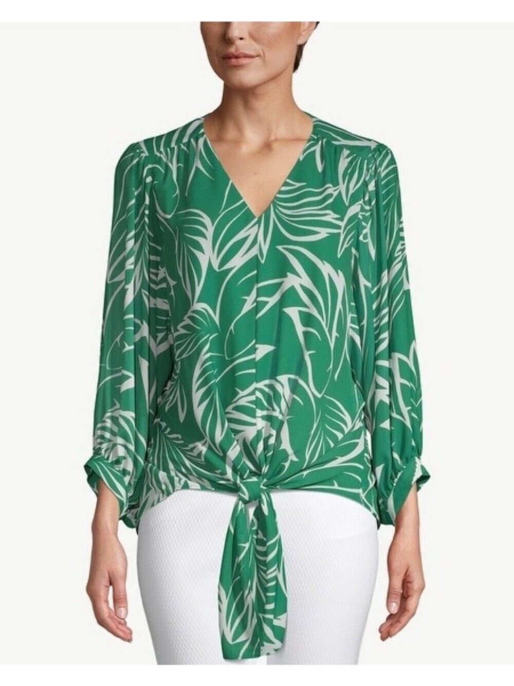 Chico's Tie-Front Palm Frond-Print Crepe Blouse Size 2 Large